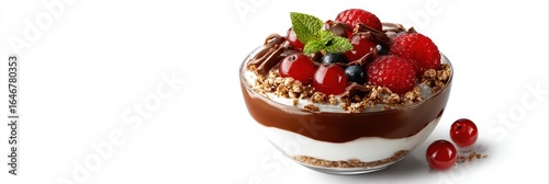 Delicious Layered Berry Dessert with Chocolate and Granola in Glass Bowl