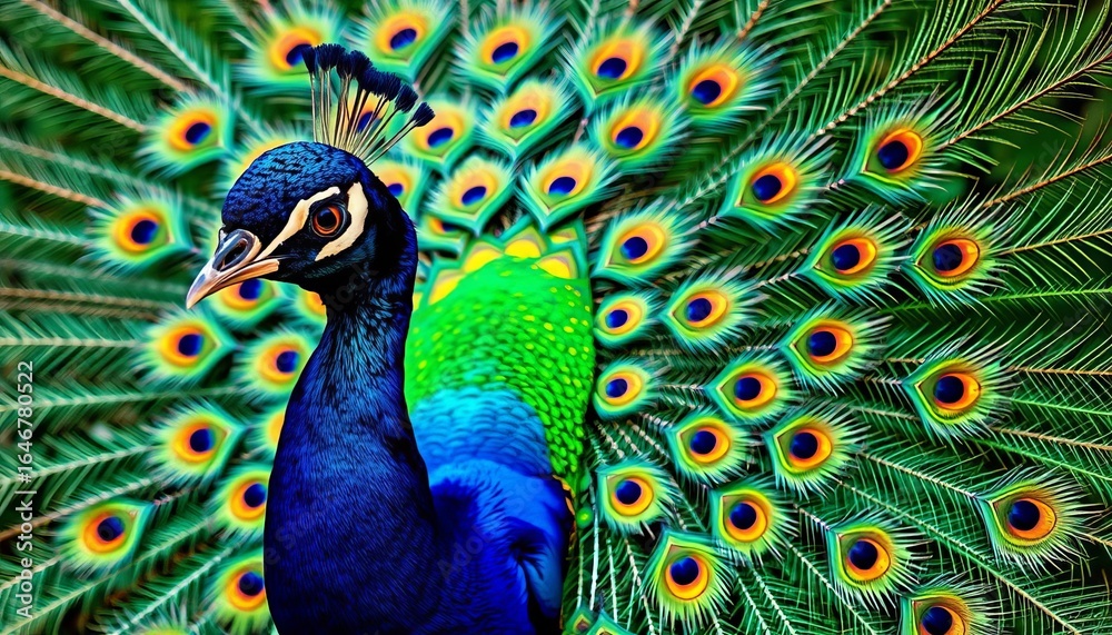 Obraz premium A peacock displays its iridescent tail feathers, showcasing vibrant blues, greens, and bronze hues, pattern, macro