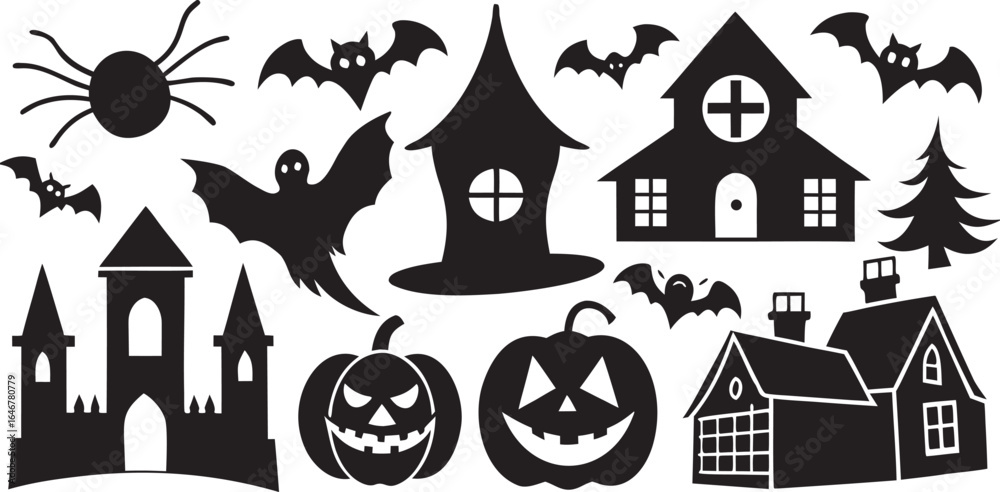 Obraz premium Halloween Silhouette Set Spooky Houses Bats Pumpkins Spider Ghost and Tree