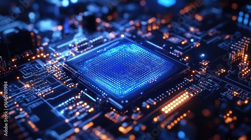 Quantum computer processor core visualized with entangled qubits and photon beams in a futuristic AI-powered computing lab with blue particle effec