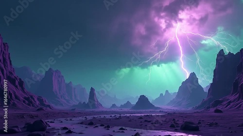 powerful lightning strike over alien mountain landscape