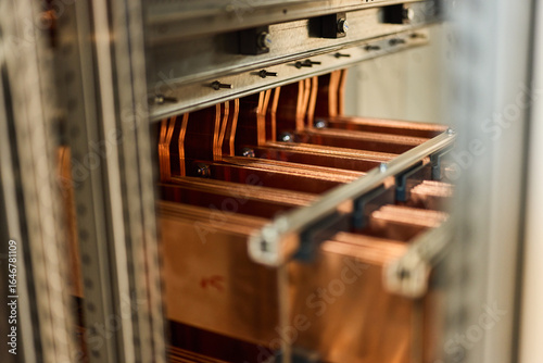 Tableau sur toile Close-Up of Copper Conductors in an Electrical Cabinet for Power Distribution