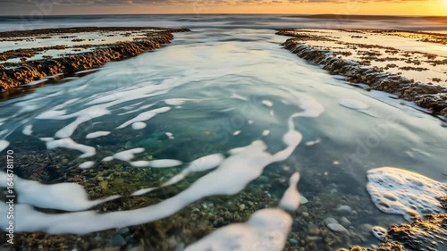 Coastal Tide Pool at Sunset: Water Flowing Over Rocks and Pebbles