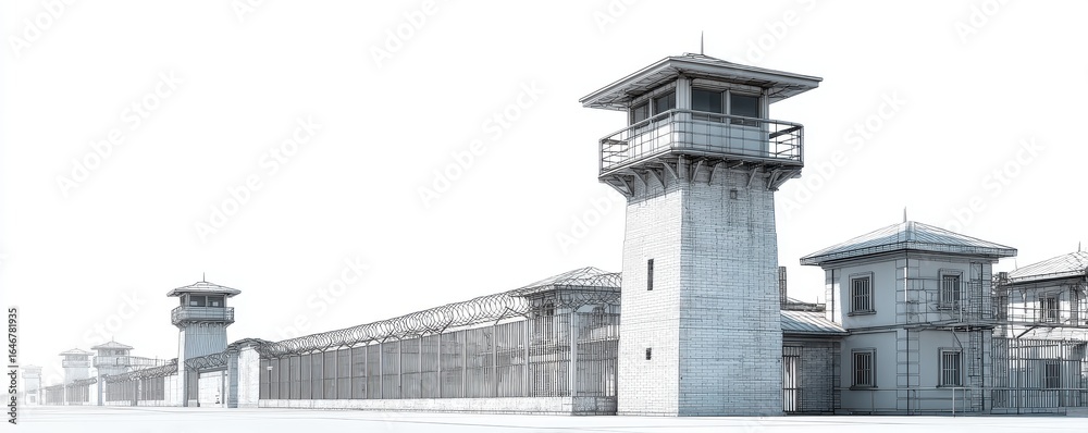 Fototapeta premium Grayscale Illustration of Prison Complex with Watchtowers