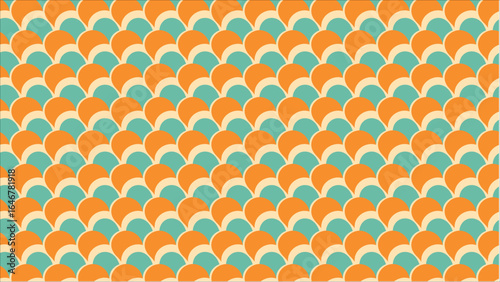 A groovy and stylish seamless design with a retro abstract pattern, using a classic 70s color palette of mustard yellow, teal, and burnt orange on bold shapes.