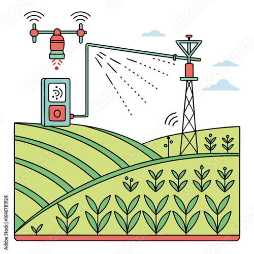 Modern agriculture utilizes drones and automated irrigation systems for efficient crop management and precision watering on a green rolling farm landscape