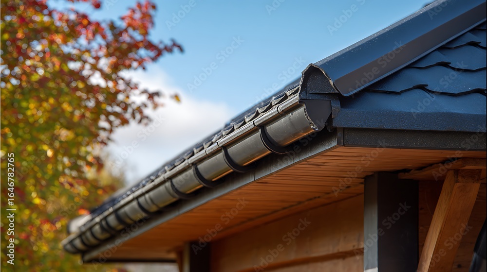Naklejka premium Black Roof Gutter Installation on Wooden Structure with Autumn Foliage