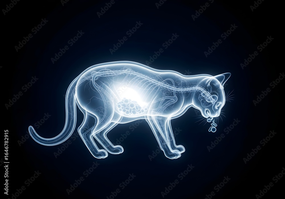 Fototapeta premium X ray of cat vomiting on dark background shows internal organs, skeletal structure, and digestive process. X ray of cat reveals diagnostic imagery for veterinary analysis and medical assessment.