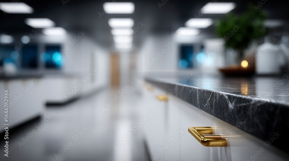 Fototapeta premium Close up view of a modern kitchen counter with marble surface and gold hardware