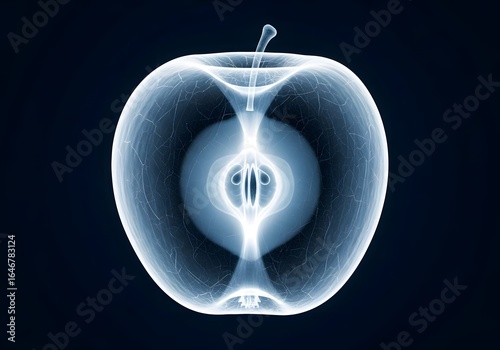 X ray of apple showing core and seeds on dark blue background, apple x ray scan visualizes inner structure for scientific or medical analysis.