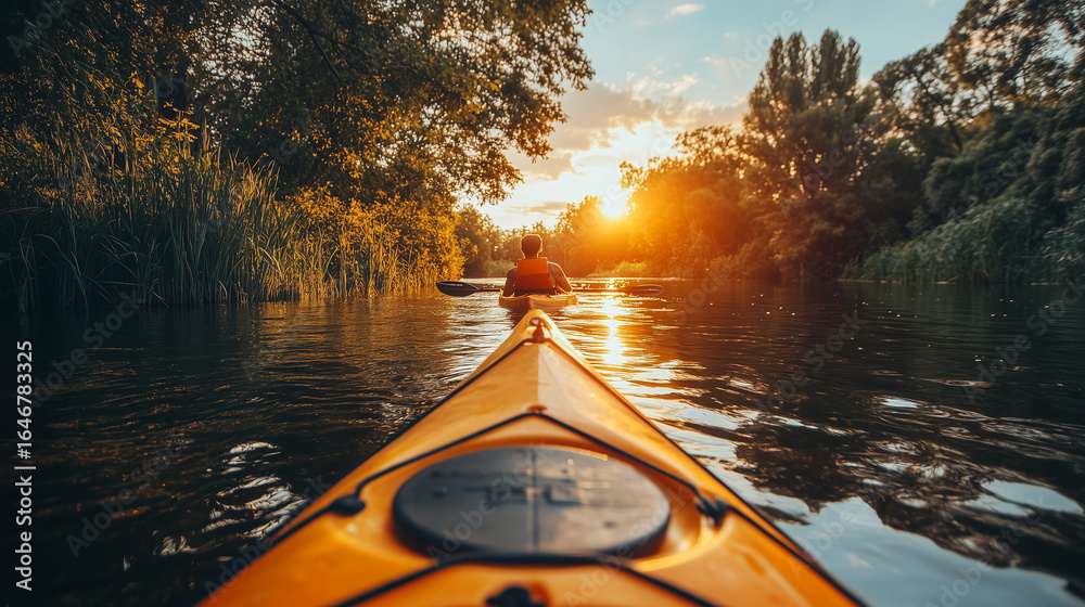 Fototapeta premium A kayaker paddles an orange vessel on calm water through a serene natural landscape at sunset, with golden light reflecting off the surface.