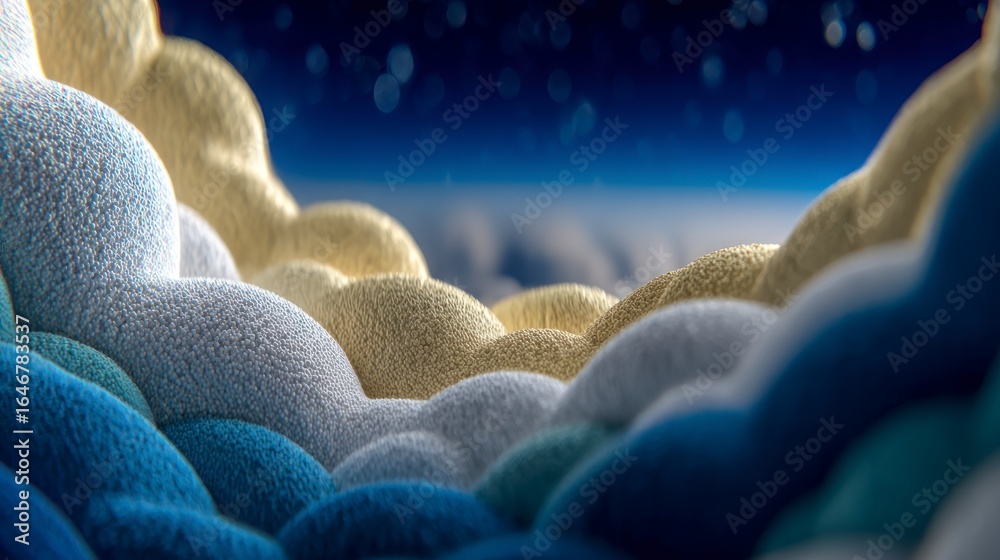Obraz premium Abstract soft textured shapes in various shades of blue white and yellow against a dark starry sky