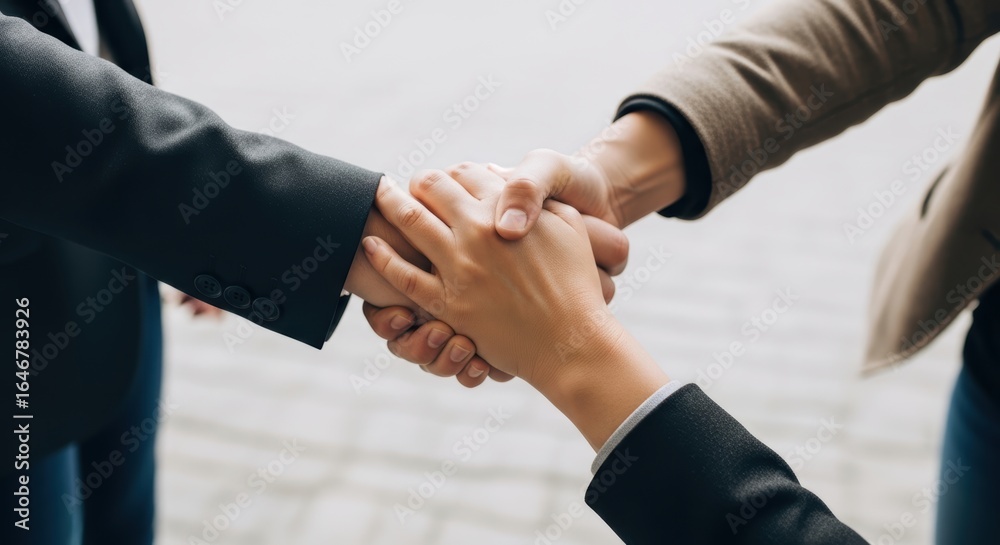 Three people shaking hands in a business agreement, symbolizing partnership and success Three people shaking hands in a business agreement, symbolizing partnership and success
