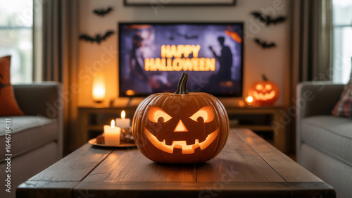 A glowing carved halloween pumpkin sits on a coffee table in a dimly lit living room with a spooky movie playing on the television