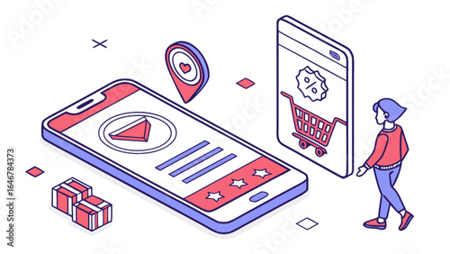 Isometric online shopping mobile app design for ecommerce store promotion and marketing strategy vector art