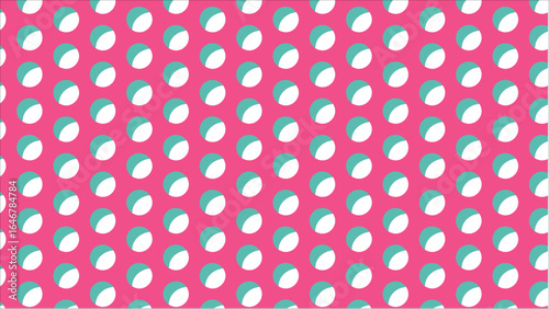 A high-contrast, seamless retro pattern with bold turquoise polka dots on a fun, split background of hot pink and white, exuding vibrant summer colors.