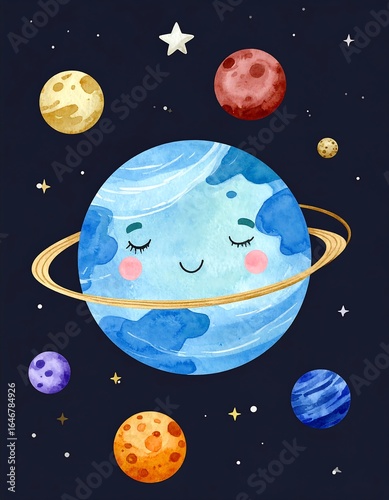 A smiling planet with rings, surrounded by other planets and stars in a dark space