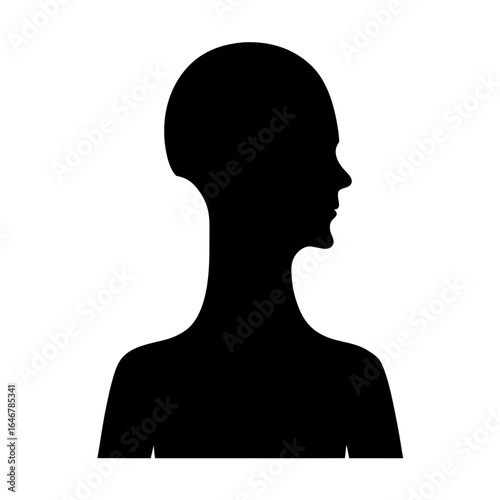 Black silhouette of a female head, neck, and shoulders on white backdrop