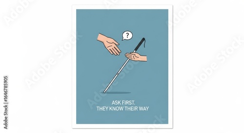 Illustration of a hand asking permission before guiding a blind person with a cane