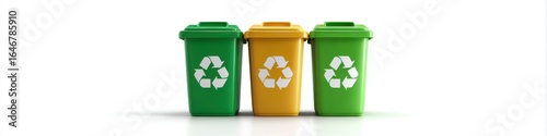 Three Colorful Recycling Bins on White Background