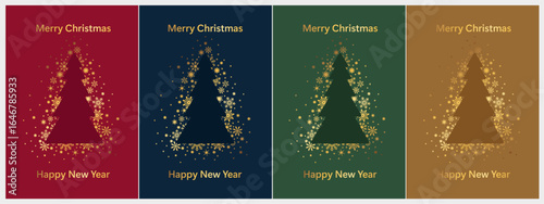Christmas, New Year and Happy Holidays invitation design vector. Season's Greeting Card. Christmas tree with golden shiny gradient. 