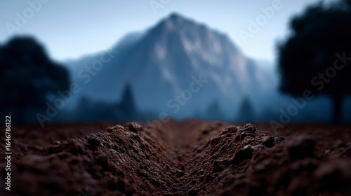 Close up view of furrowed dark soil with blurred misty mountains and trees in background