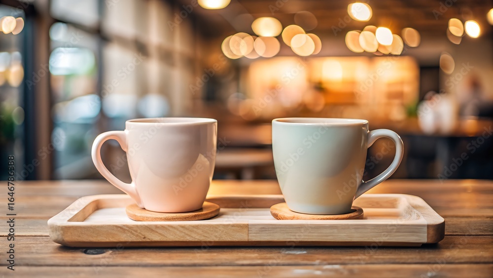 Fototapeta premium A cup of hot coffee with a spoon on a brown wooden table