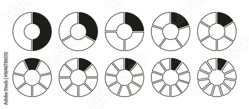 Graph icon pie, pizza shape section charts. Circles diagram divided 2, 3, 10, 7, 8, 9, 10, 11 equal parts. Coaching blank template. Set of segments black wheel round divide infographic.