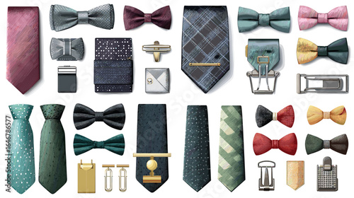 High-quality illustration set of men’s neckties, bow ties, cufflinks, and tie clips in various colors and patterns for formal and business fashion.