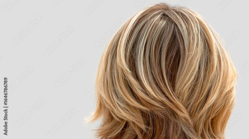 Naklejka premium Close up view of blonde layered hair with highlights back of head Hairstyle