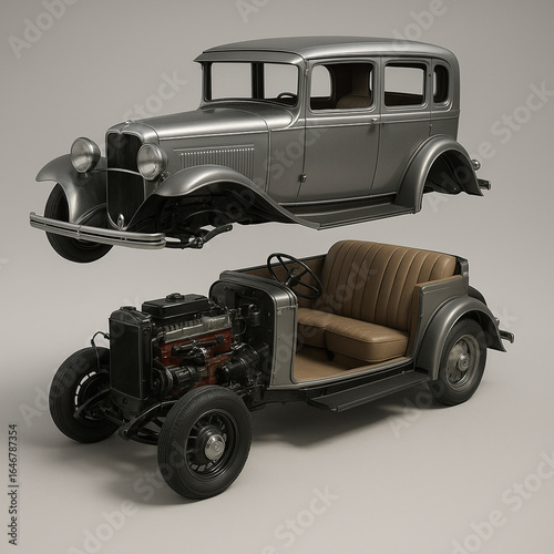 Carro clássico vintage prata dos anos 1930 em vista explodida com motor exposto