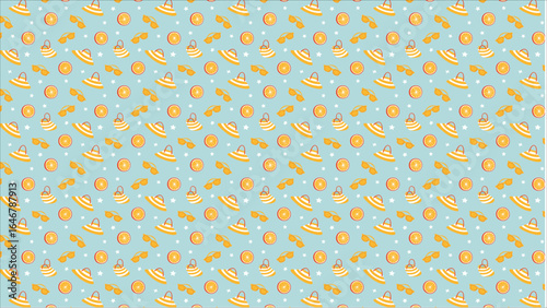 A charming and colorful seamless pattern with a collection of summer fashion items like hats, sunglasses, and flip-flops, perfect for a fun, beachy background.