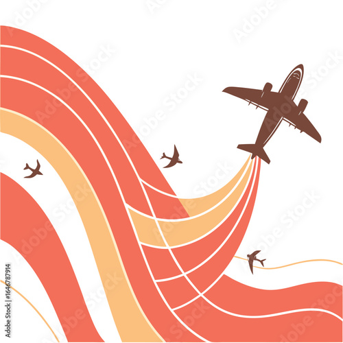 Silhouette of a large airplane soaring through a stylized abstract landscape of colorful curved lines and flying birds