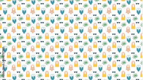A repeating pattern designed with cute summer vacation essentials, including various styles of hats, sunglasses, and flip-flops for a fun and modern textile.