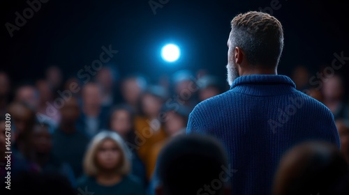 Wallpaper Mural A man in a blue sweater stands facing a brightly lit spotlight with a blurred audience behind him Torontodigital.ca