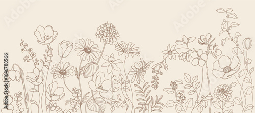 seamless minimal Hand drawn botanical flowers and leaf vector in Spring and summer collection