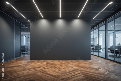 Modern office interior with dark walls and herringbone wood floor