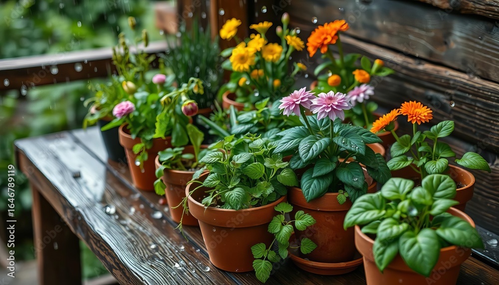 Obraz premium Rain-soaked potted herbs and flowers on a rustic wooden table, table, rainy day