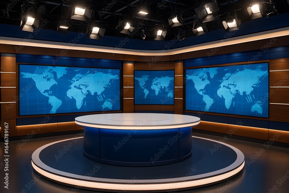 Fototapeta premium Modern news studio with world map displays and circular desk