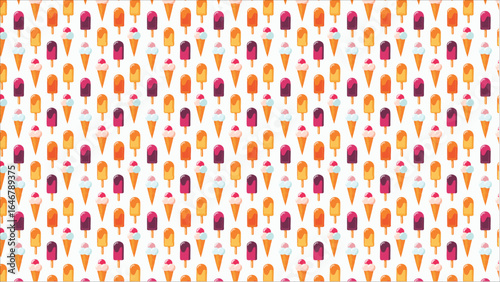 A playful and sweet repeatable design for summer, with a seamless pattern of various ice cream scoops and colorful popsicles for a fun and refreshing theme.