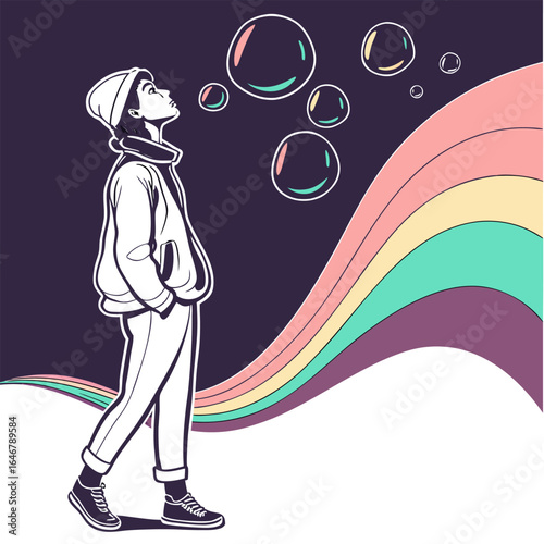 A young person in a beanie and jacket gazes upwards at floating bubbles against a dark background with colorful wavy lines