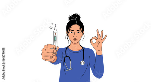 Medical professional shows digital thermometer and okay sign indicating health monitoring