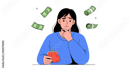 Young woman holding empty wallet worried about money with bills flying around her