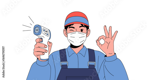Health screening personnel using infrared thermometer for temperature check