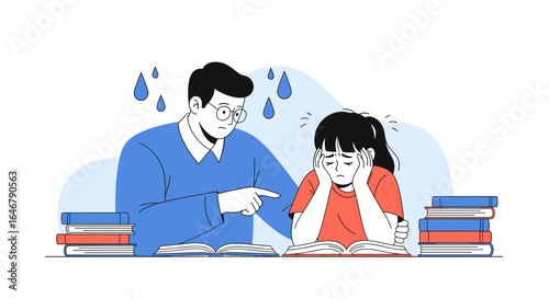 Frustrated student struggling with difficult schoolwork receiving support from teacher