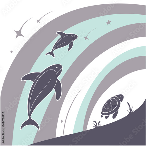 Whimsical underwater scene featuring playful dolphins and a serene sea turtle swimming beneath a stylized pastel rainbow and shooting stars