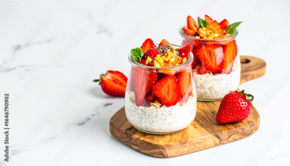 Obraz premium Glass jar of overnight oats topped with chia seeds and fresh strawberries on a marble 