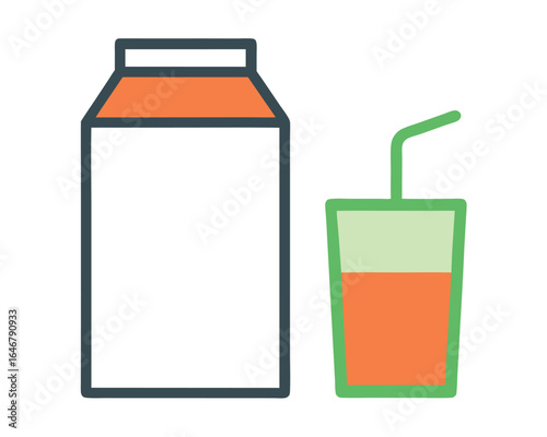 A carton of juice and a glass with a straw isolated on white background