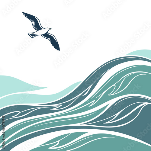 Stylized graphic of a seagull soaring above rolling ocean waves in shades of teal and blue evoking a sense of freedom and coastal beauty