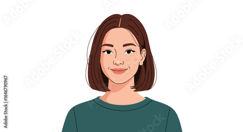 Attractive young woman with bob haircut and casual teal top smiling warmly